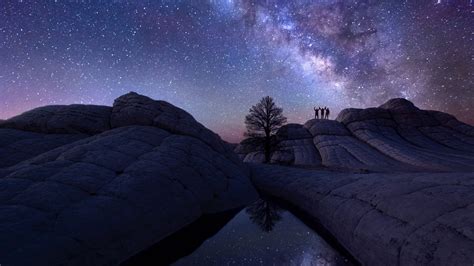 Wallpaper : men, trees, landscape, night, galaxy, water, rock, nature ...