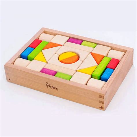 Free Shipping 30 Pieces Colored Wooden Blocks Set Kids Assembly Wood