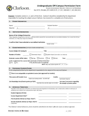 2022 2025 Clarkson University Undergraduate Off Campus Permission Form