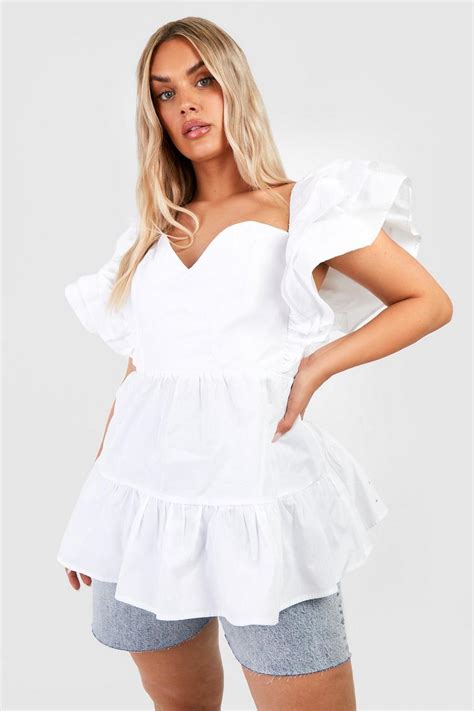 White Plus Cotton Poplin Ruffle Sleeve Smock Top Boohoo Uk