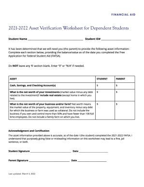 Fillable Online Asset Verification Worksheet For Dependent