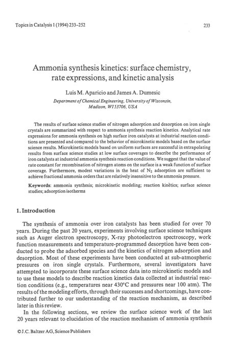 (PDF) Ammonia Synthesis Kinetics: Surface Chemistry, Rate Expressions, and Kinetic Analysis