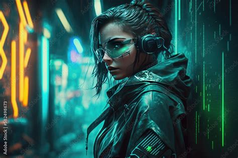 Ai Woman Cyber Stands With Her Smart Glasses On Night Futuristic