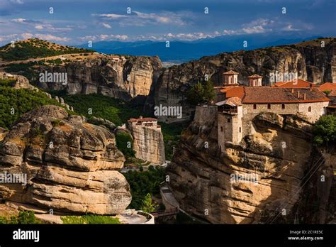 Meteora Monastery Of Varlaam Behind Monastery Of Rousanou Awesome