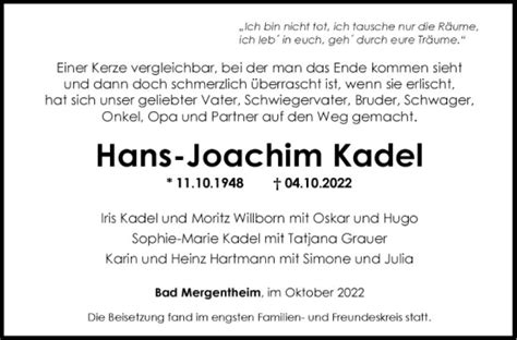 Traueranzeigen Von Hans Joachim Kadel Trauerportal Ihrer Tageszeitung