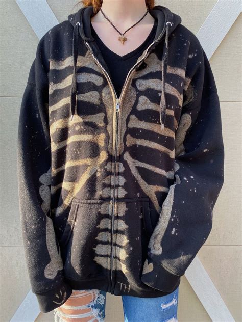 Skelehoodie Bleached Skeleton Zip Up Hoodie Etsy Cool Outfits