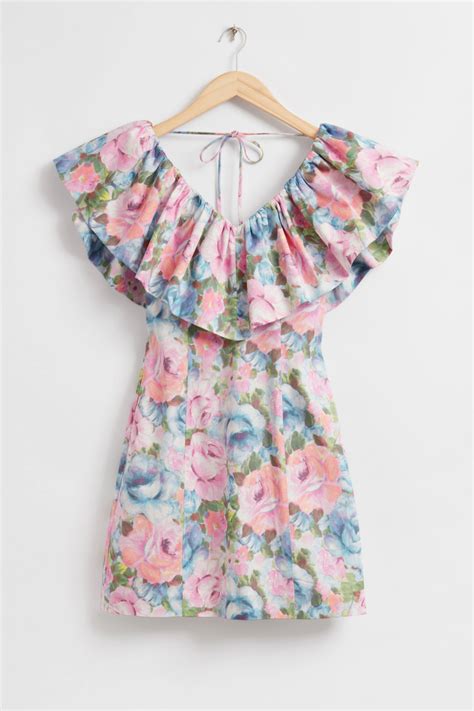 Fitted V Neck Frilled Detail Dress Multi Floral Ladies Handm Gb