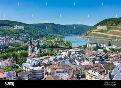 Bingen am Rhein: church Basilica of St. Martin, river Nahe (left) and ...