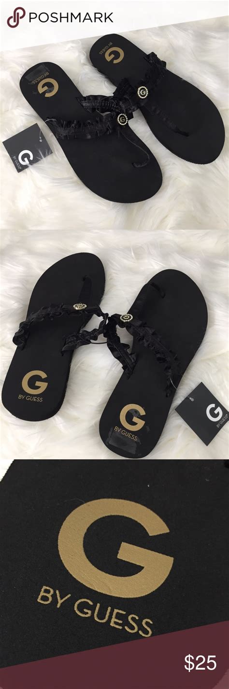 G By Guess Black Ruffle Rhinestone Flip Flops New Guess Shoes Logo