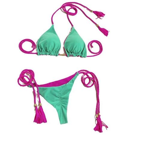 Sexy Micro Bikini Woman Swimsuit Blue Tassel Swimwear Women String