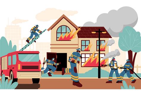 Firefighters at burning house. Fireman characters extinguish fire buil ...