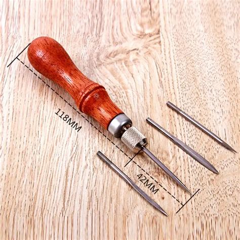 4 In 1 Leather Tools Sewing Needles Diy Wood Handle Lacing Scratch