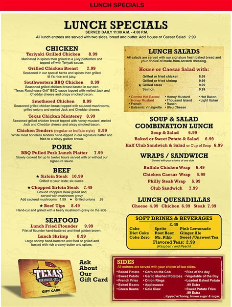 Texas Roadhouse Grill Menu In Myrtle Beach South Carolina Usa