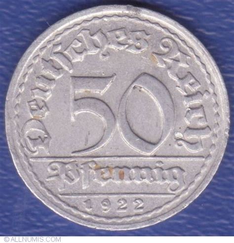 50 Pfennig 1922 D Weimar Republic 1919 1932 Germany Coin 17146