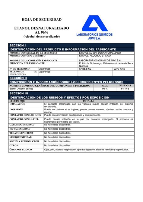 etanol 96 desnaturalizado Laboratorios Químicos Arvi SA