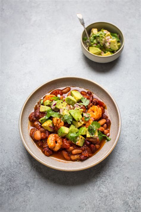 Spiced Prawns With Mexican Bean Stew Avocado Salsa Donal Skehan