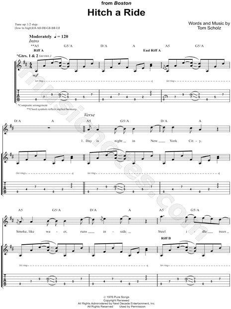 Boston Hitch A Ride Guitar Tab In D Major Download And Print Sku