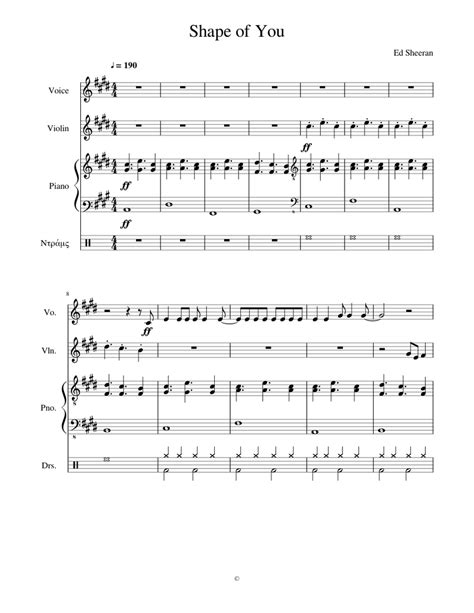 Shape Of You Ed Sheeran Sheet Music For Piano Violin Flute Drum Group Mixed Quartet