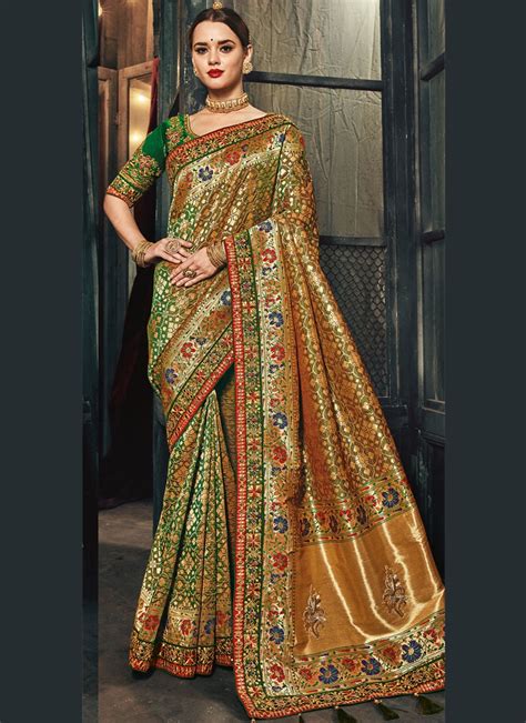 Buy Emerald Green Banarasi Pure Silk Wedding Wear Saree In Uk Usa And