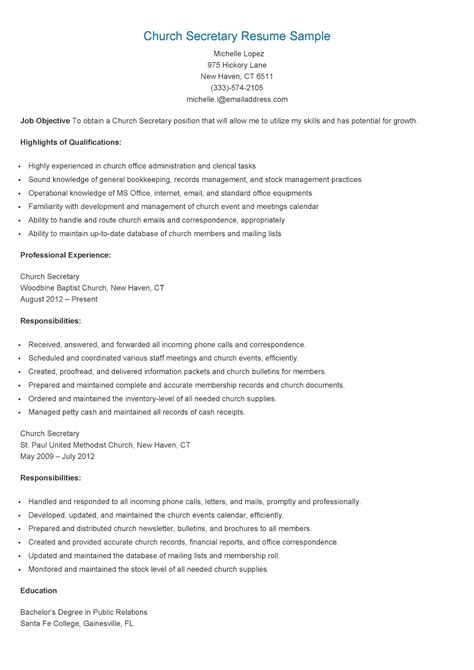 Resume Samples Church Secretary Resume Sample