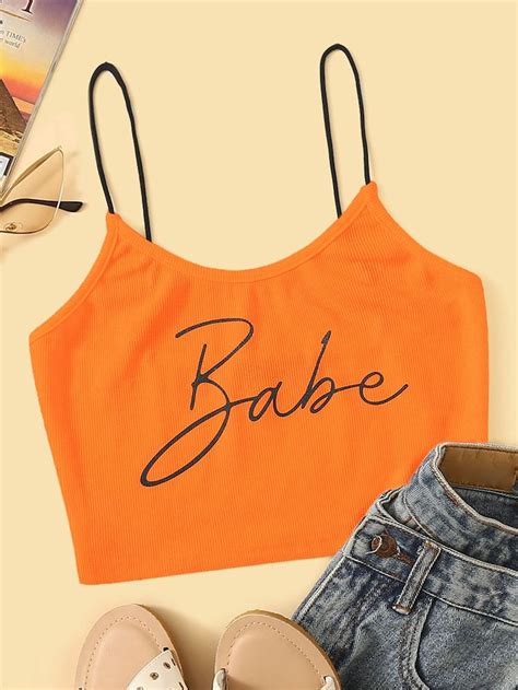 Neon Orange Letter Print Rib Knit Crop Cami Top Shein Cami Crop Top Crop Tops Cami Tops