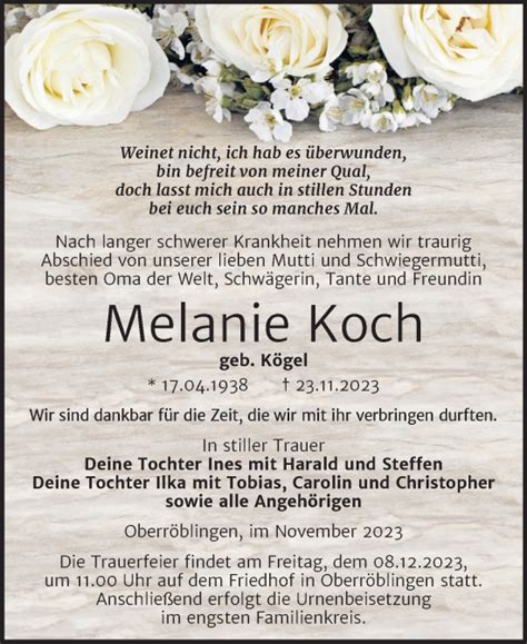 Traueranzeigen Von Melanie Koch Abschied Nehmen De