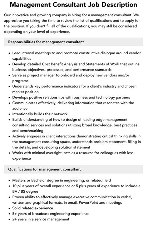 Management Consultant Job Description Velvet Jobs