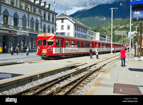 A Matterhorn Gotthard Bahn train arriving from Disentis direction at Stock Photo, Royalty Free ...