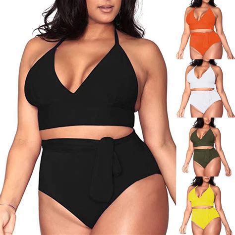 Womens Plus Size Solid Color High Waisted Tummy Control Swimwear