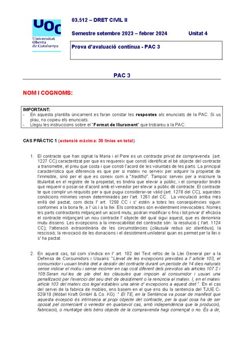 PAC 3 2023 SEMESTRE 1 03 DRET CIVIL II Semestre Setembre 2023