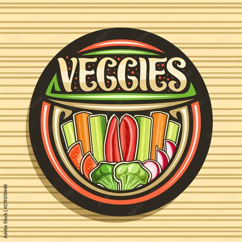 Vector Logo For Veggies Dark Tag With Illustration Of Raw Vegetables