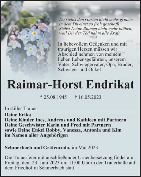 Traueranzeigen Von Raimar Horst Endrikat Trauer In Thueringen De