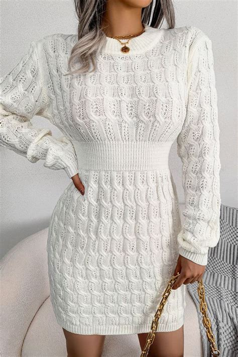 Cozy Winter Fisherman Cable Knit Bodycon Sweater Mini Dress White