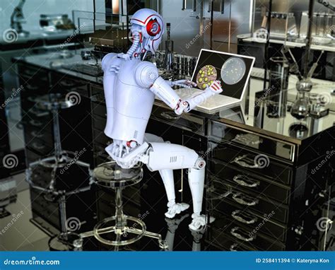 A Humanoid Robot Working With Laptop Conceptual 3D Illustration Stock