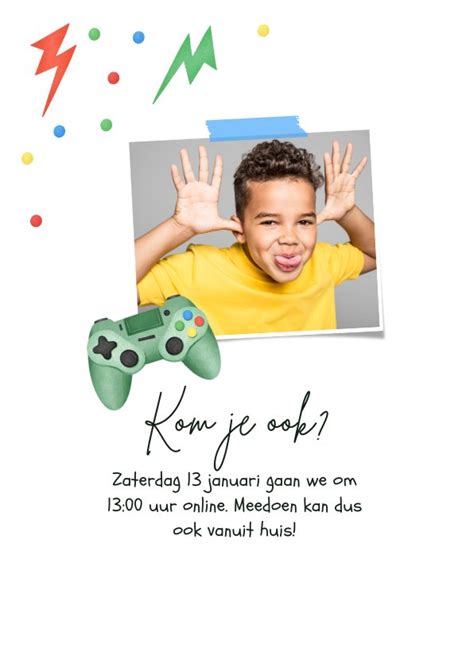 Kinderfeestje Gamen Controller Bliksem Confetti Kaartje2go