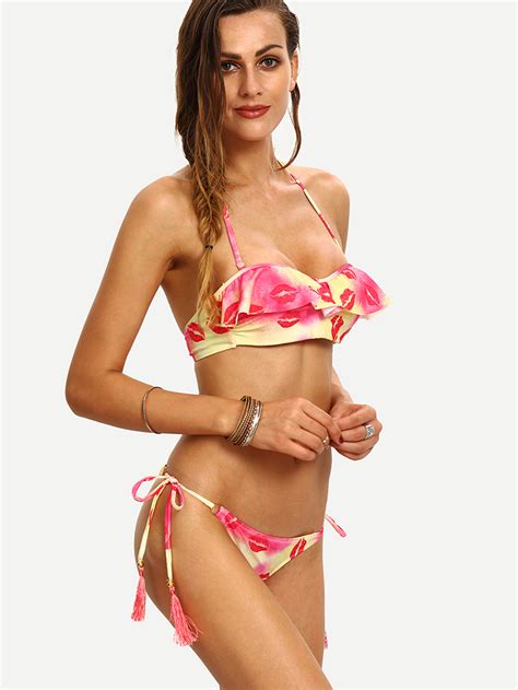 Multicolor Ruffled Lip Print Bikini Set Shein Sheinside