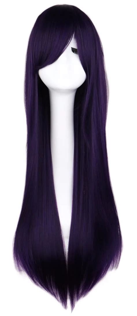 Qqxcaiw Long Straight Party Cosplay Wig For Women Men Costume Black Purple 80 Cm Synthetic Hair