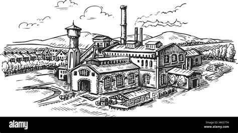 Industrial plant, factory sketch. Vintage building vector Stock Vector ...