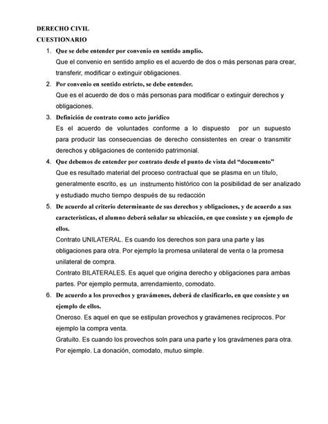 Examen Preguntas Y Respuestas Derecho Civil Cuestionario Que