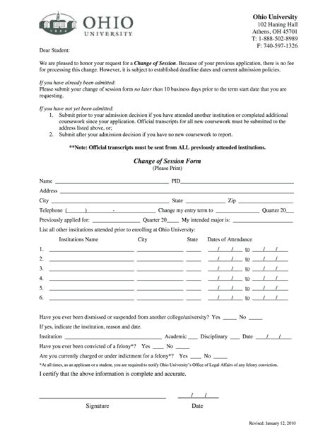 Fillable Online Outreach Ohio Change Of Session Form Office For