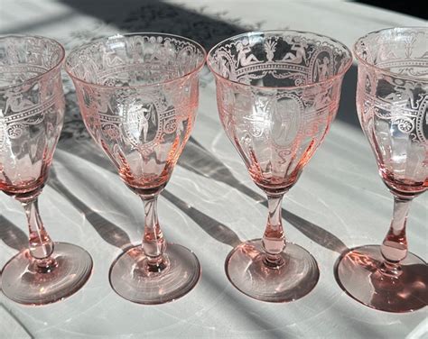 Pink Depression Glass Water Goblets Rare Fry Etched Wine Glasses Hc Fry Glassware Etsy