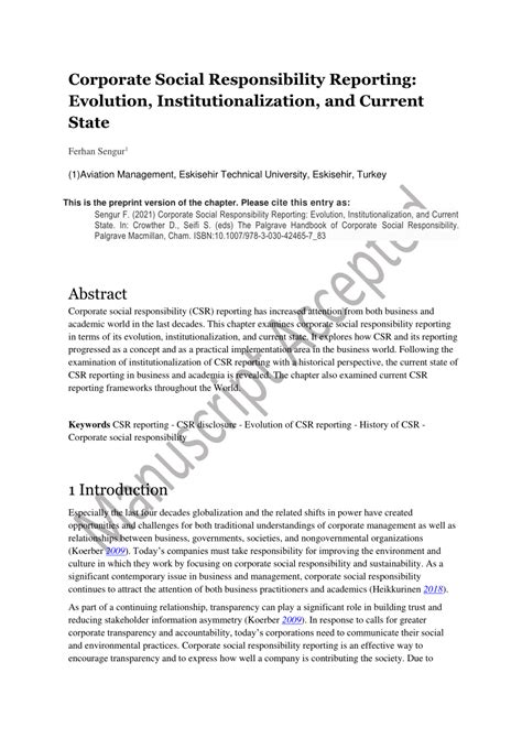 Pdf Corporate Social Responsibility Reporting Evolution Institutionalization And Current State