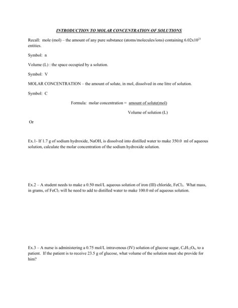 introduction to molar concentration of solutions