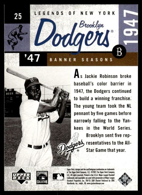 2001 Upper Deck Legends Of New York Jackie Robinson Brooklyn Dodgers