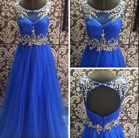 Royal Blue Tulle Sexy Long Prom Dresses Sleeveless Open Back Formal