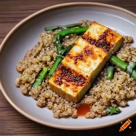 Prato De Tofu Grelhado E Aspargos Quinoa Em Cima De Uma Mesa De