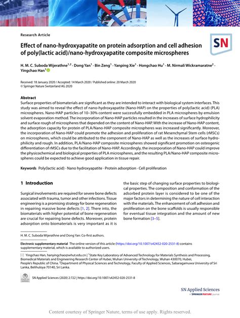 Effect Of Nano Hydroxyapatite On Protein Adsorption And Cell Adhesion