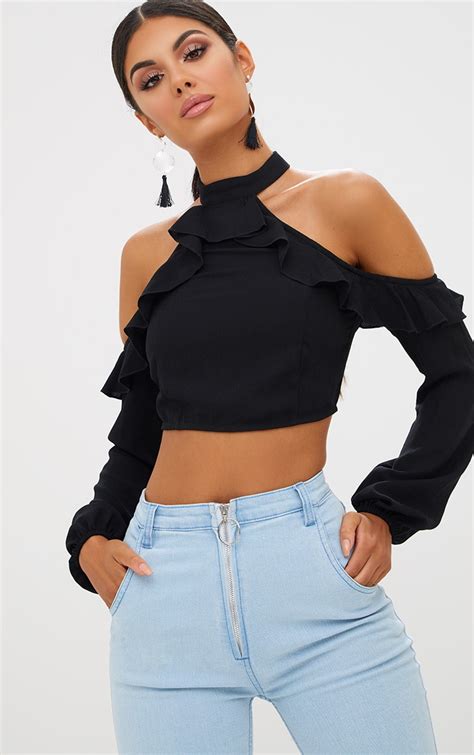 Black Cold Shoulder Ruffle Detail Crop Top Tops Prettylittlething Usa