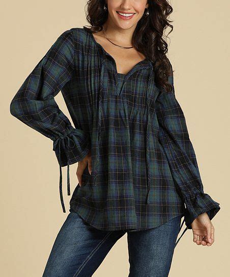 Suzanne Betro Weekend Green Black Plaid Drawstring Sleeve V Neck