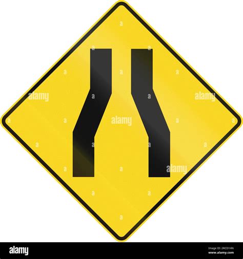 Canadian road warning sign - One lane road/narrow road ahead. This sign is used in Quebec Stock ...